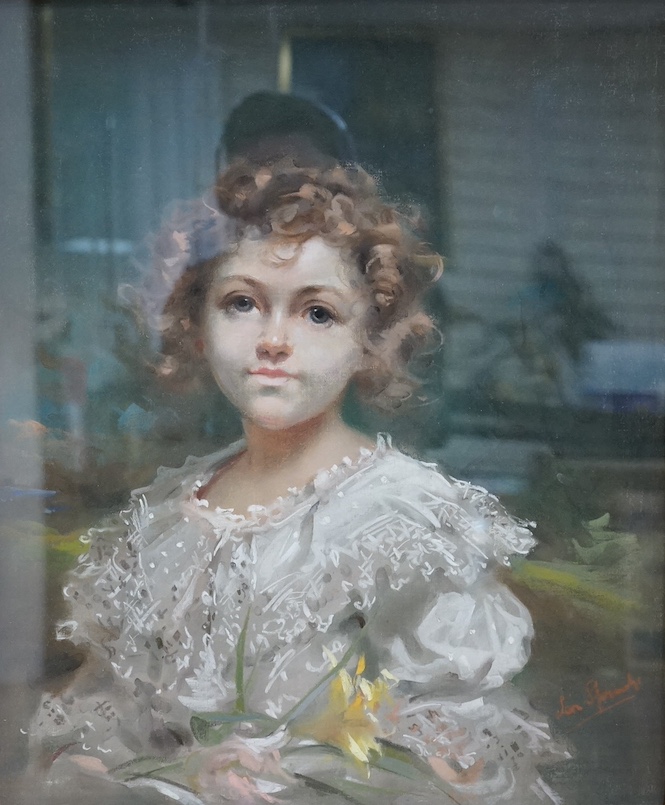 Leon John Sprinck (1866-1948), pastel on canvas, Head and shoulders portrait of a young girl, signed, 59 x 49cm, ornate gilt framed. Condition - good